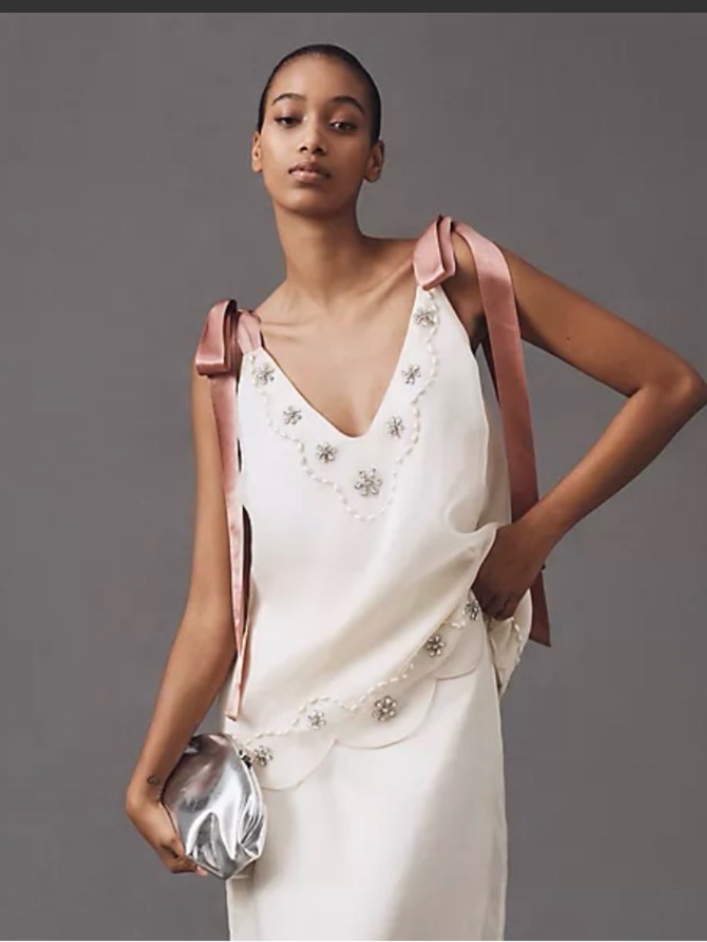 Anthropologie Ivory Embellished Tie-Shoulder Shell Top with Dusty Rose Ribbons